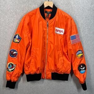Forever 21 Men's M NASA Bomber Jacket Orange Space Shuttle Patch Zip-Up